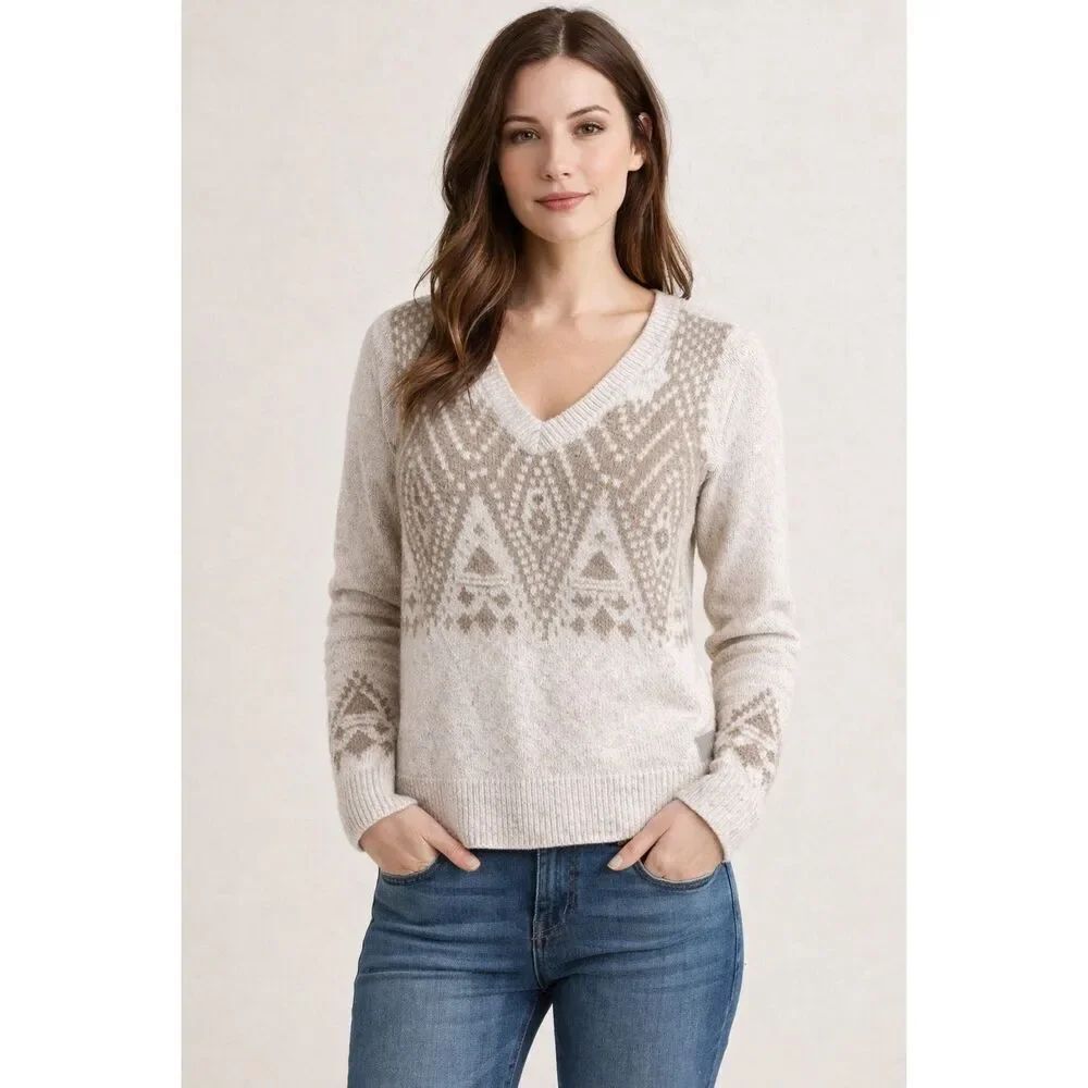 Hollister XS Fair Isle Nordic V Neck Knit Sweater Cream Boho Winter